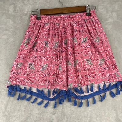 Simply Southern Women's Size S/M Pink Blue Seashell Print Shorts Blue Tassel Hem - Image 1 of 4