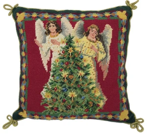 Almohada de lana bordada a punta de aguja árbol de Navidad con espalda de terciopelo de ángeles 13x13" - Imagen 1 de 10