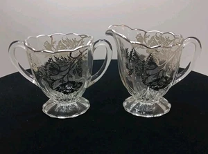 Silberrand Glaswaren Sahne und Zucker Set Vintage aufwendiges Blumenmuster Vintage - Bild 1 von 9