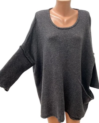 GRIZAS Gr. L 80% WOLLE Damen Pullover Grau Relaxed Rundhals Tasche - Bild 1 von 4