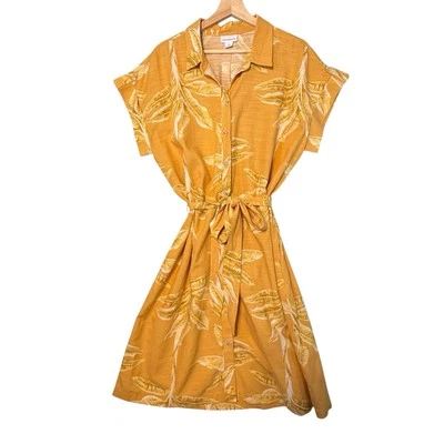 VTG Liz Claiborne Belted Shirt Dress SIZE XL Knee Yellow Leaf Floral Classic - Image 1 of 4