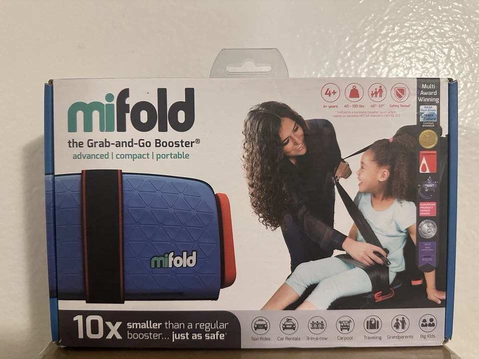 Mifold Grab-And-Go Compact Booster Portable Car Seat Blue & Red 4 Yrs 40-100 Lbs