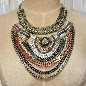 LUCIA Multi Tone Multi Chain Large Bib Statement Necklace 16-19" Tribal Egyptian - Picture 1 of 16