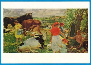 A.Plastov 1964 Russian Socialist Realism postcard DAIRY FARM PEOPLE AND COWS - Foto 1 di 2