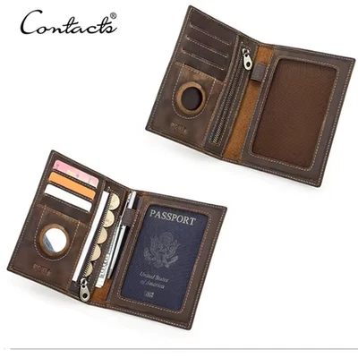 Genuine Leather RFID Coin Pen Passport Holder Bag Wallet AirTag Card Slot Travel - Image 1 of 4