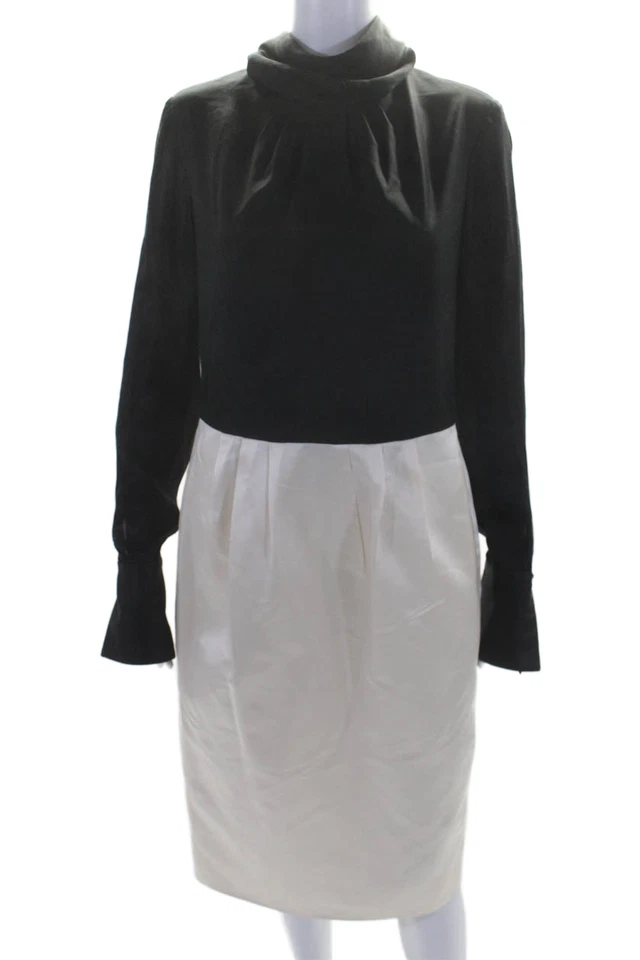 Rachel Roy Womens Silk Mock Neck Long Sleeves Pleated Front Dress Black White Si - Image 1 of 4
