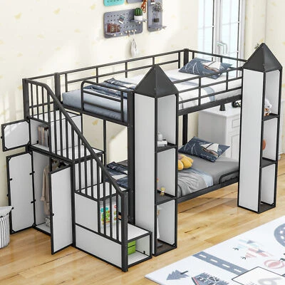 Twin-Over-Twin Bunk Bed w/Castle-Shaped Bookshelves w/Wardrobe &Storage Stairway - Image 1 of 4