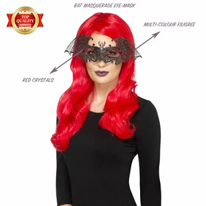 Metal Filigree Bat Masquerade Mask SMIFFYS Black Red Multi Jewelled MARDI GRAS - Picture 1 of 4