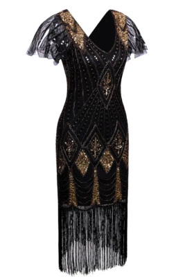 Women's 1920s Gatsby 裙 Sequin Beads Fringe Flapper Dresses  & - Image 1 of 4