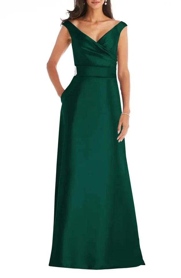 Vestido Alfred Sung Hunter verde satinado al hombro talla 6 $239 D811s Foto 1 de 2