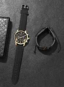 Orologio Ginevra Uomo Quarzo Oro Cinturino Pelle Nero Analogico Orologio da Polso e Bracciale - Foto 1 di 4