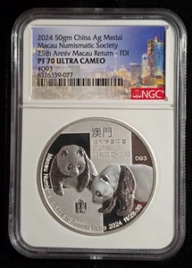2024 China Macau Numismatic Society Expo NGC PF70 50 gram Silver Panda Medal - Picture 1 of 3