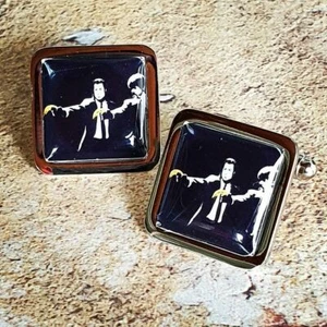 Unique BANKSY PULP FICTION BANANA CUFFLINKS chrome graffiti STENCIL ART bristol - Picture 1 of 1