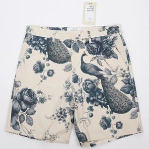 Sabyasachi x H&M mens 32 R shorts pants floral peacock print cotton white blue - Picture 1 of 5