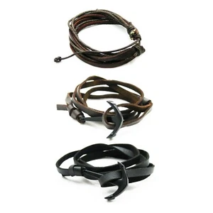 Black/Brown Braided Leather Bracelet for Men Women Cuff Wrap Wristband - Picture 1 of 5
