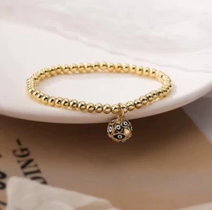 Women's Fashion Jewelry Gold Bead Bohemian Black Evil Eye Ball Bracelet 619 - Picture 1 of 1