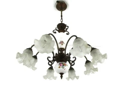 Chandelier 8 arm Lights Italian  Porcelain Flowers  Flower Glass Shades Vintage - Image 1 of 4