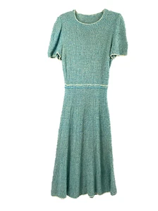 Vintage 70er Häkelkleid Damen mittelblau creme Handarbeit Midi Kurzarm - Bild 1 von 11