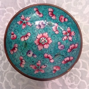 Antique 19th Century Chinese Export Canton Enamel Copper Bowl Blue Cherry Flower - Picture 1 of 8
