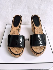 CHANEL black patent logo detail quilted cork wedges heel sandal 37 - Picture 1 of 8