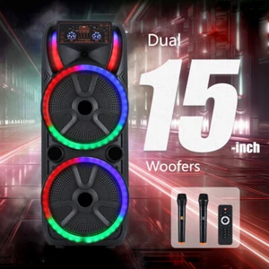 Large Portable Dual 15" Bluetooth PA Speaker DJ Party System TF/AUX/TWS w/2 Mic - Picture 1 of 15