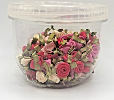 50+ Ribbon Roses Green Leaves Satin Mini RIBBON ROSES Appliqué Sewing Bow Crafts - Image 1 of 4