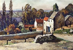 Aquarelle Ancienne Signée H. Lang, Vue De Village, Aquarelle Et Gouache, XXe - Imagen 1 de 4