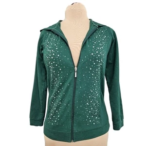 Quacker Factory Rhinestone Beaded Full Zip Cotton Hooded Pocket Jacket XXS - Picture 1 of 12