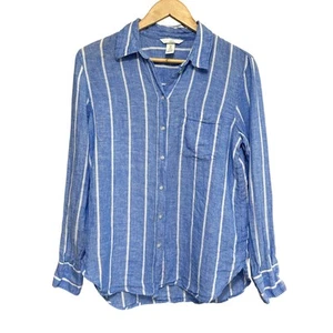 H&M 100% Linen Button Down Shirt Blue Striped Womens Size S Vacation Beach - Picture 1 of 10