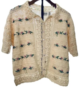 Fashion Bug Häkel Pullover Oberteil GrannyCore Peter Pan Kragen Blumen Vintage 90’s - Bild 1 von 9