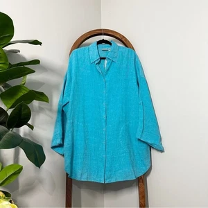 Chico's LARGE Aqua 100% Delave Linen Long Sleeve Lagenlook Tunic Shirt Top NEW - Picture 1 of 7