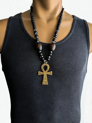 Collar colgante de latón egipcio Ankh con cuentas para hombre joyería 28 pulgadas pieza llamativa Foto 1 de 4