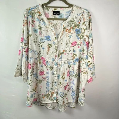 JNY Linen Blend Spring Floral Blouse Sz 1X Fairy Whimsy Button Up Hi Low Hem - Image 1 of 4