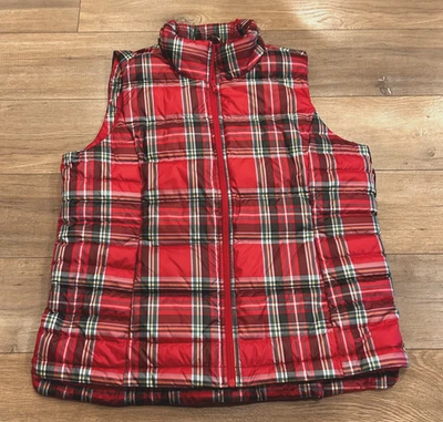 Lands' End Down Puffer Vest Women's Size Large Red Green Plaid Pockets Full Zip - Image 1 of 4