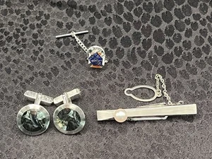 A Beautiful Set Of Vintage 925 Sterling Silver Cufflinks, Tie Tac, And Tie Bar - Picture 1 of 16