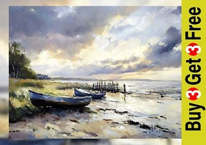 Rustic Fishing Boats 5"x7" Print on Matte Paper | Expressive Ocean Oil Artwork - Picture 1 of 17