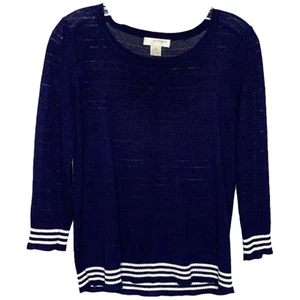 Kenar Women's Sweater Pullover Top Blue White Stripe Sheer Crew Neck Size Small - Picture 1 of 9