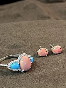 Premium Peach Opal Sleeping Beauty Turquoise Zircon Jewlery Set - Picture 1 of 18