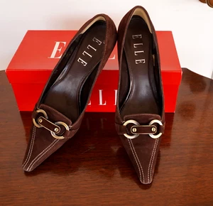 Elle Demur T Moro Brown Suede Buckle Kitten Heel Pumps Shoes 7 1/2" Medium - Picture 1 of 11