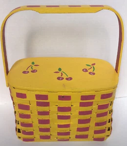 Wooden Basket Purse Hand Painted Pink Yellow Cherries VTG 40s Style Folk Art - Picture 1 of 11