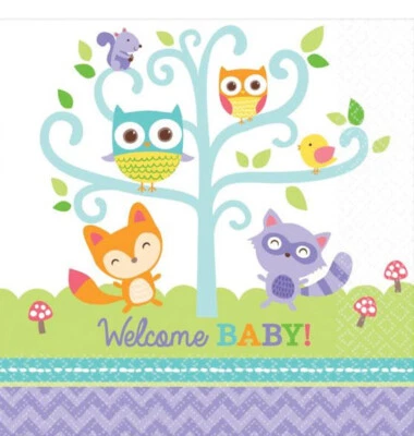 AMSCAN WOODLAND ANIMALS WELCOME BABY Shower beverage PAPER NAPKINS 16pcs 2 ply