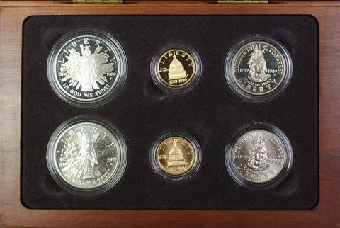 1989 Congressional Commem $5 $1 50c Proof & UNC Gold, Silver, Clad 6 Coin Set Cover