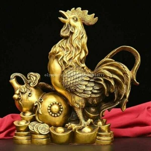 14 inch brass home feng shui treasure wealth prosperity animal cock rooster - Picture 1 of 9