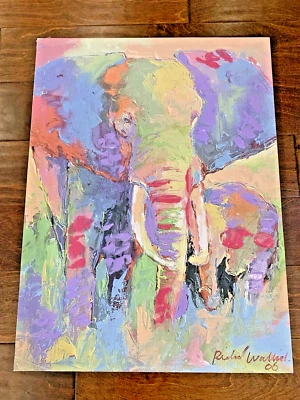 Arte de pared en lienzo azul rosa verde elefante de Richard Wallich 24x18 pulgadas como nuevo R10 Foto 1 de 4