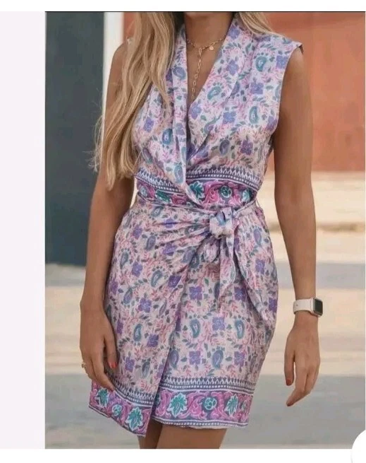 ZARA Sleeveless Collared Printed Blazer Wrap Dress Pink 7630/036 XL