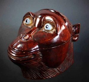 FINE & UNUSUAL LATE 19th. to EARLY 20th. C NOVELTY WOODEN MONKEY'S HEAD INKWELL - Picture 1 of 11