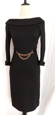 Milly NY NUEVO SIN ETIQUETAS Nuevo Vestido Vaina Lana Negro Cadena Dorada Cinturón Clásico Talla P EE. UU. Foto 1 de 4