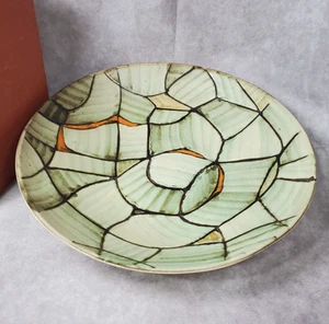 VTG Canadian Studio Pottery Abstract Plate Bowl Signed 7129 Green Orange Glaze - Picture 1 of 14