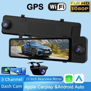 3 Channel Dash Cam With Carplay&Android Auto WIFI GPS HD 1080P Rearview Mirror - Imagen 1 de 12