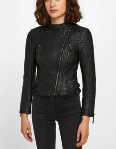 Chaqueta de cuero genuino acolchada negra para mujer Zara pequeña - Imagen 1 de 10